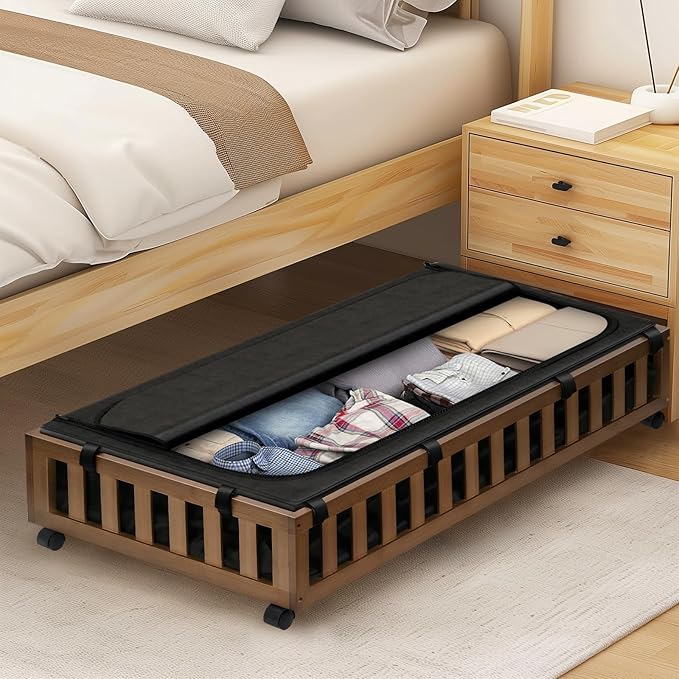 2 Pack Bamboo Under Bed Storage with Wheels, 39”x20”x7.8” Lager Under Bed Storage Containers (Brown)