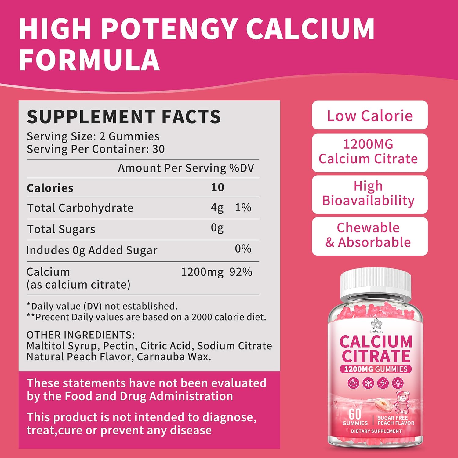 (3 Pack) Calcium Citrate Gummies 1200 mg for Adults, High Absorption Calcium Supplement for Women & Men, Sugar Free, Non-GMO, Gluten Free, Supports Muscle & Immune - Natural Peach Flavor