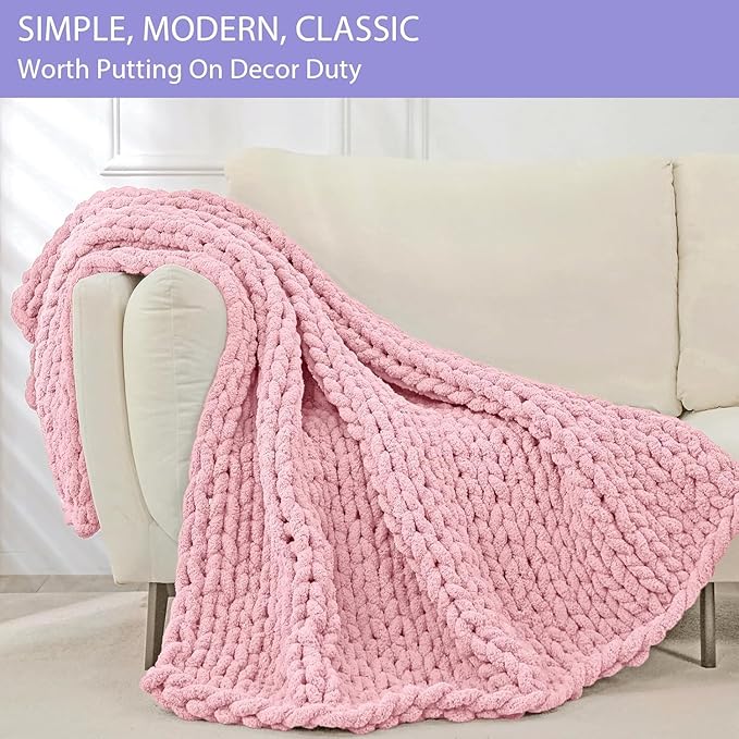 Bigacogo Chunky Knit Throw Blanket for Couch, 40x80 inches, 100% Hand Knitted with Thick Jumbo Chenille Yarn, Cozy Soft Large Rope Knot Cable Crochet Blankets for Sofa Bed Living Room, Blush Pink