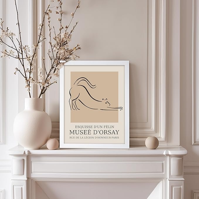 Poster Master Vintage Poster - Retro Minimalist Print - Gift for Artist, Housewarming - Cat, Line Drawing, Sketch, Abstract - Wall Decor for Living Room, Bedroom, 8x10 White Framed