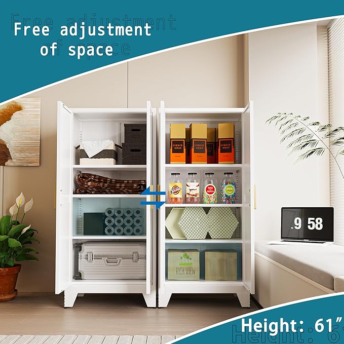 61" Tall Farmhouse Metal Pantry Cabinet, Kitchen Pantry Storage Cabinets with 2 Barn Door and Adjustable Shelves,Metal Pantry Storage Cabinet,for Kitchen,Laundry Room,Home Office,Kids Room (White)