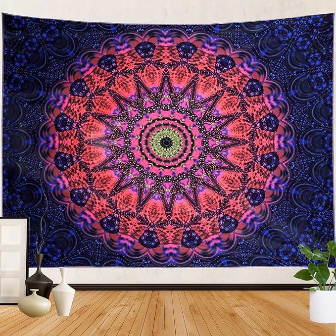 ADDWel Blacklight Mandala Boho Tapestry Glow In The Dark, Black Light Bohemian Hippie Poster Wall Hanging for Bedroom Aesthetic Wall and Room Decor (60" x 80", Mandala)