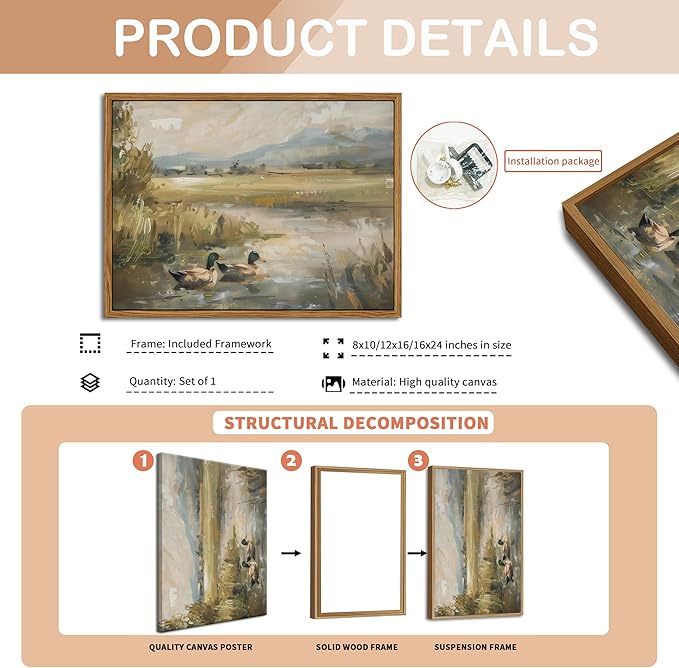 Floating Framed Canvas Wall Art, Vintage Mallard Duck Oil Paintings Print, Countryside Art Wildlife Nature Pond Wall Decor for Living Room, Bedroom, Office, Rustic Decor 16x24 inch