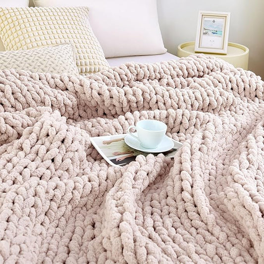 Admitrack Chunky Knit Blanket Throw, 100% Hand Knit Chenille Throw Blanket for Sofa & Home Decor, Soft and Cozy Knitted Throw Blankets (Pink，51"x63")