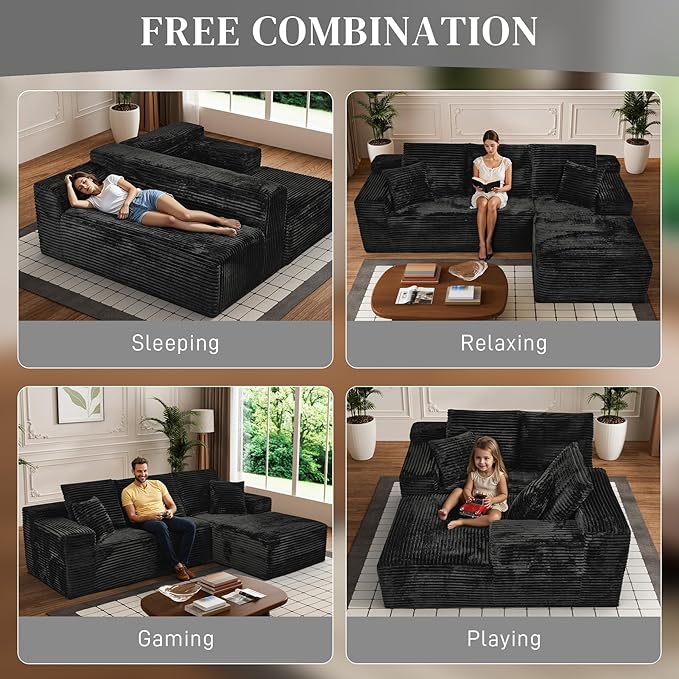 Modular Sectional Sofa Cloud Sectional Couch, 107" Comfy Fluffy L Shaped Black Couches for Living Room, Deep Seat Memory Foam Plush Corduroy Boneless Couch Sectionals with Right Facing Chaise Sofa
