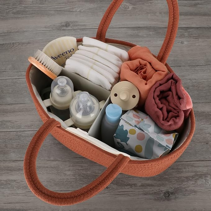 Baby Diaper Caddy Organizer for Girl Boy Cotton Rope Nursery Storage Bin Basket Portable Holder Tote Bag for Changing Table Car Travel Baby Shower Gifts Newborn Essentials Registry Must Have Rust