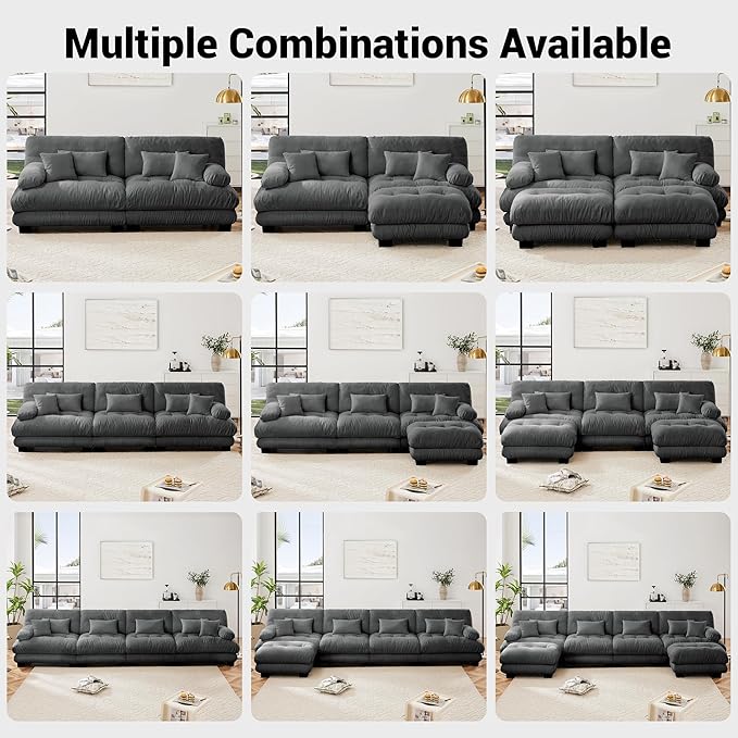 Modern L-Shaped Couch, 4-Seater Cloud Couch, Oversized Loveseat Sectional Sofa, Chenille Fabric, Grey
