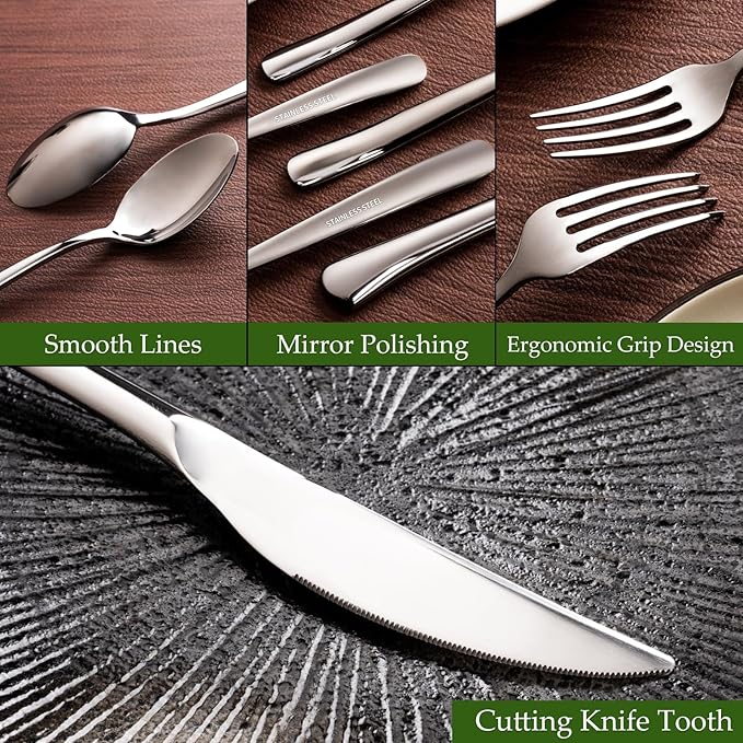 Aisoso 20-Piece High-End Silverware Set with Forks Spoons and Knives, Stainless Steel Serving Utensils for 4 with Mirror Finished Handle, Durability and Dishwasher Safe for Restaurant, Weddings