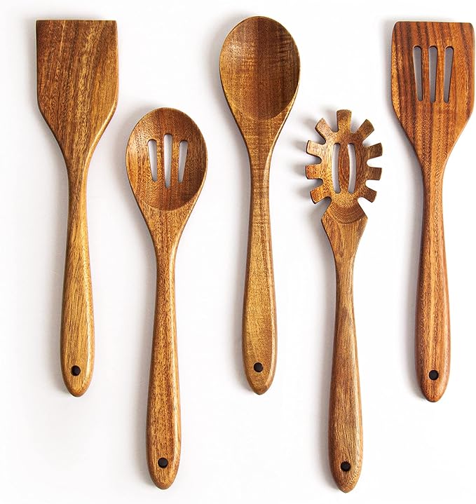 Acacia Wooden Spoons for Cooking: 5-Piece Kitchen & Cooking Utensils Set - Wooden Spatula, Slotted & Pasta Spoon - Essential Wooden Utensil Set