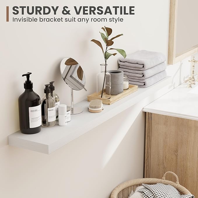 36 Inch Floating Shelves, 8 Inch Deep Floating Shelves for Wall, Hanging Shelf with Invisible Brackets, Deep Shelves for Bathroom, Bedroom, Living Room, White, Set of 2