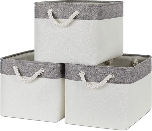 Bidtakay White Baskets with Cotton Rope Handles Decorative Storage Bins [3-pack] Fabric Bins for Organization Linen Closet Shelf Storage Baskets for Clothes Toys Towels 15 X 11 X 9.5 Inches