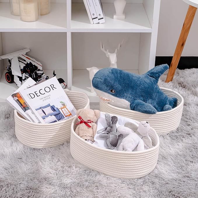 Baskets&Bins for Shelf Storage Organizing/Cute Basket to Store and Organize Household Items/Woven Rope Basket for Living Room, Bedroom,Playroom,3 Packs Off White