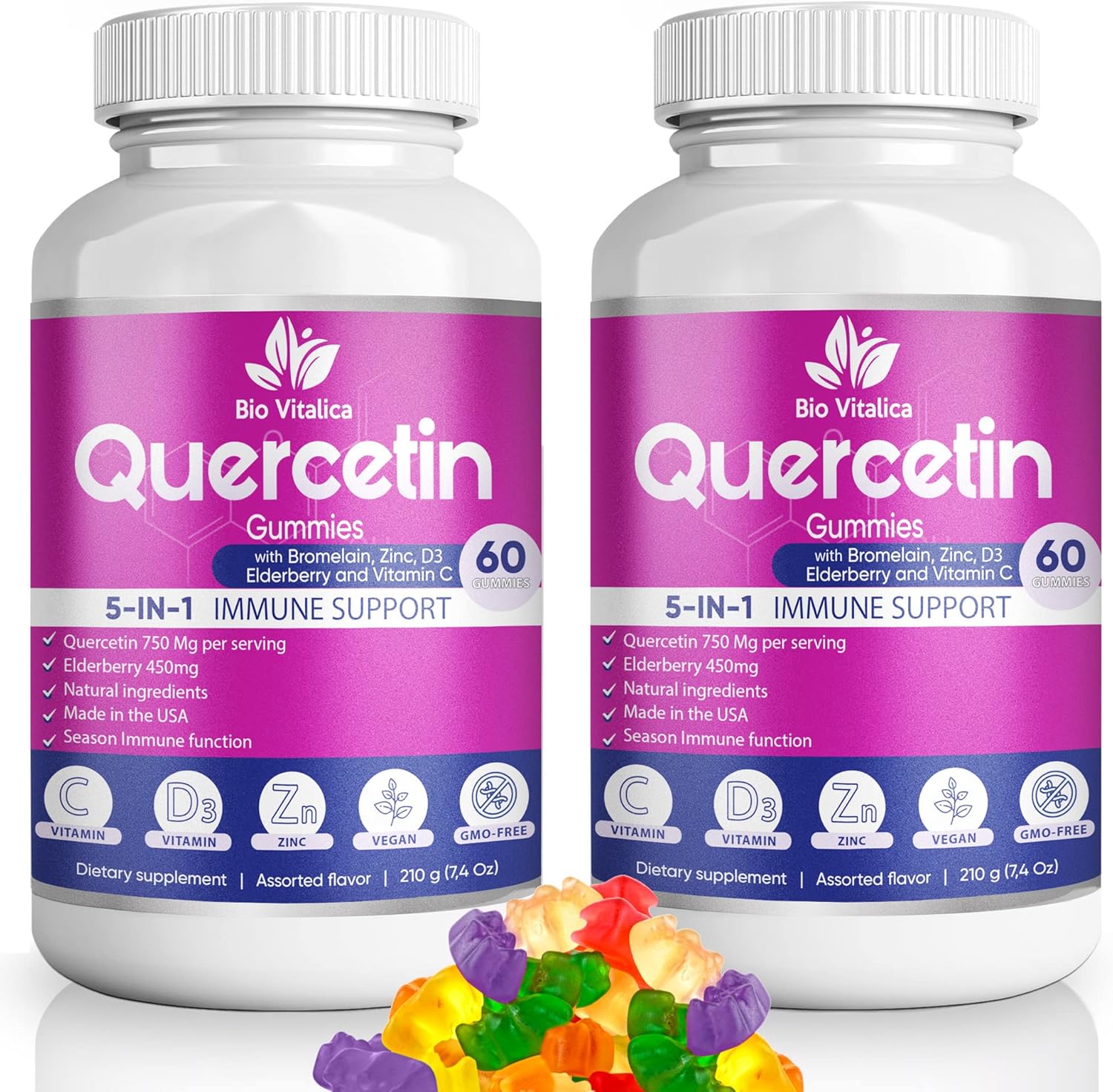 (2 Pack) Quercetin Gummies by BioVitalica - Quercetin with Bromelain Vitamin C and Zinc & Elderberry + Vitamin D3-5 in 1 Immune Support - Zinc Quercetin 750 mg for Kids and Adults