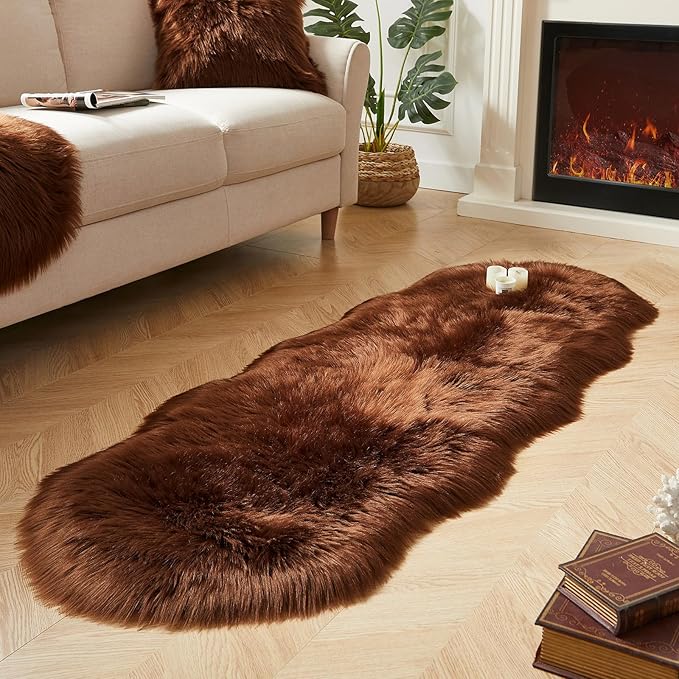 AMTOVO Faux Sheepskin Rug, Coffee Ultra Soft Fluffy Shag Area Rug, 2 x 6 ft Faux Fur Rug for Bedroom Sofa Throw Cushion Room Decor, Sheepskin