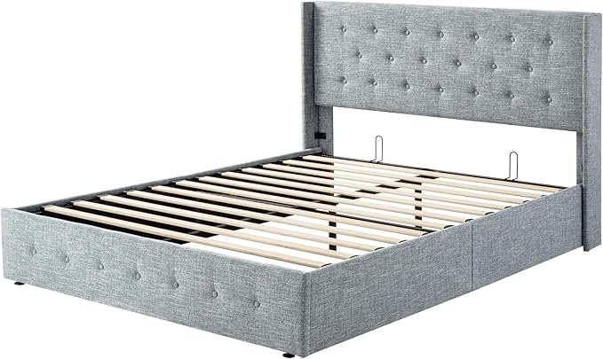Allewie Queen Size Lift Up Storage Bed, Button Tufted Headboard with Wingback, Hydraulic Support, No Box Spring Needed, Grey Blue