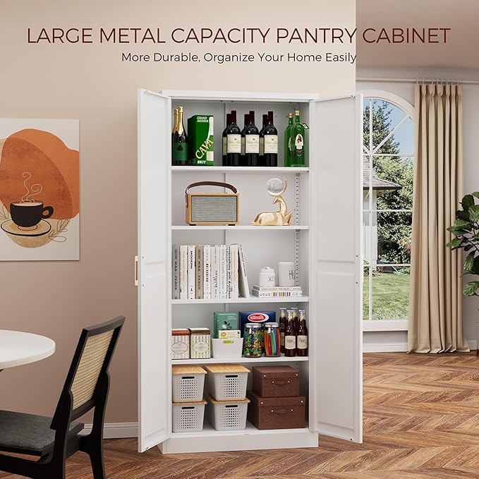 71" Tall Metal Pantry Cabinet, White Kitchen Pantry Storage Cabinet with 4 Adjustable Shelves and Gold Handles, Cupboard for Kitchen, Dining Room, Living Room, Bathroom