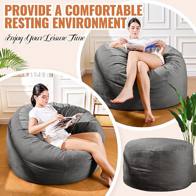 4FT Bean Bag Chair: Bean Bag with Velvet Cover, Fluffy and Comfy Bean Bag Chairs for Adults and Kids, Bean Bag Sofa Filled with High-Density Sponge for Gaming (Grey)