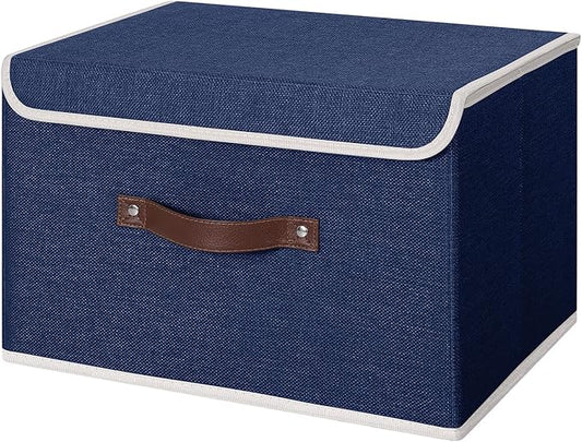 ANMINY Storage Bin with Lid Storage Boxes with PU Leather Handles PP Plastic Board Decorative Foldable Lidded Cotton Linen Fabric Home Cubes Baskets Closet Organizer Container - Blue, Large Size