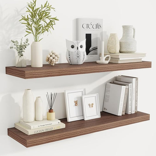 36 Inch Floating Shelves, 9.3 Inch Deep Rustic Wall Shelves - Extra Deeper Wall Mounted Storage Shelves for Bathroom, Kitchen, Living Room (Walnut, Set of 2)