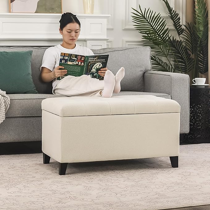 Asense Storage Ottoman Bench, Tufted Fabric Upholstered End of Bed Bench with Safety Hinge Wooden Legs, for Entryway Bedroom (Cotton and Linen Beige, 33.3")