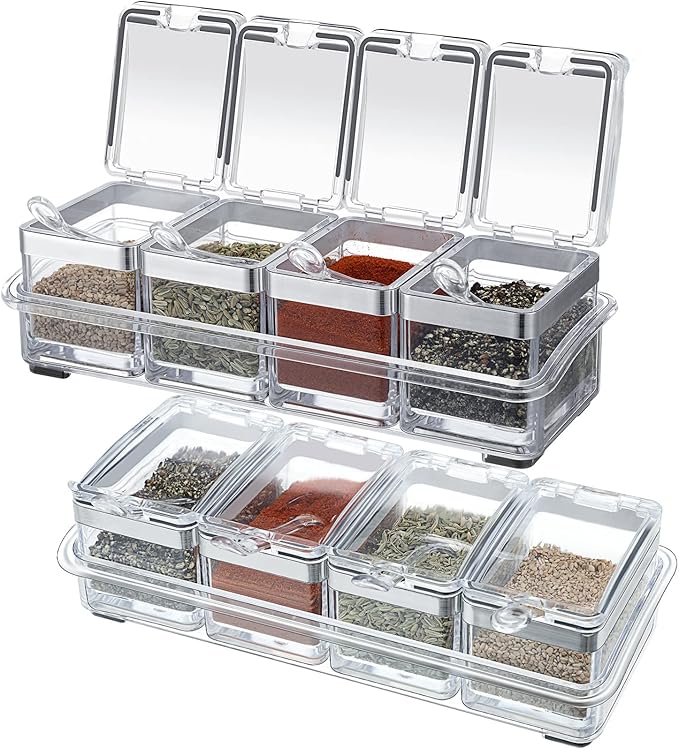 2 Set Acrylic Seasoning Organizer Box 8 Pcs Clear Seasoning Rack Spice Pots Condiments Containers with Lids and Spoons Storage Container Spice Jar for Salt Sugar Cruet Kitchen Cooking Organizer