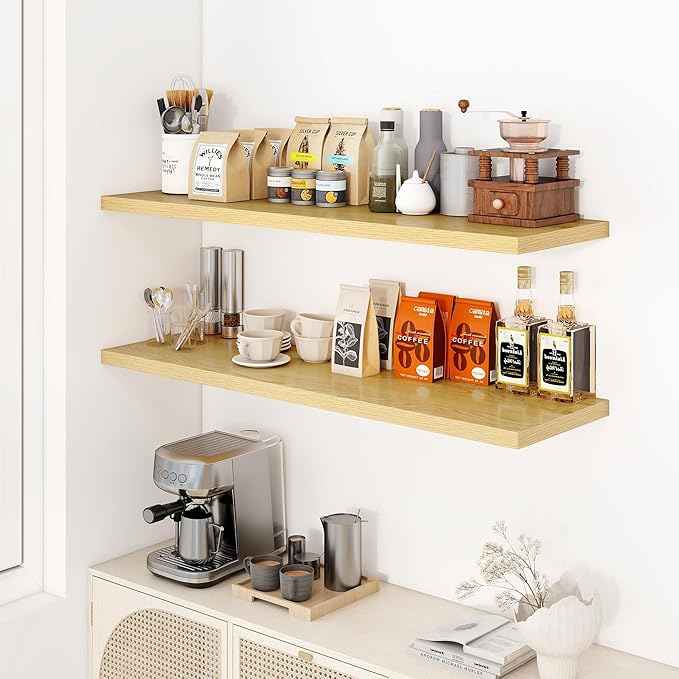 48" Floating Shelves for Wall, 12" Deep Slim Oak Floating Shelves, Wall-Mounted Shelves for Bedroom, Living Room, Kitchen, Bathroom - Set of 2