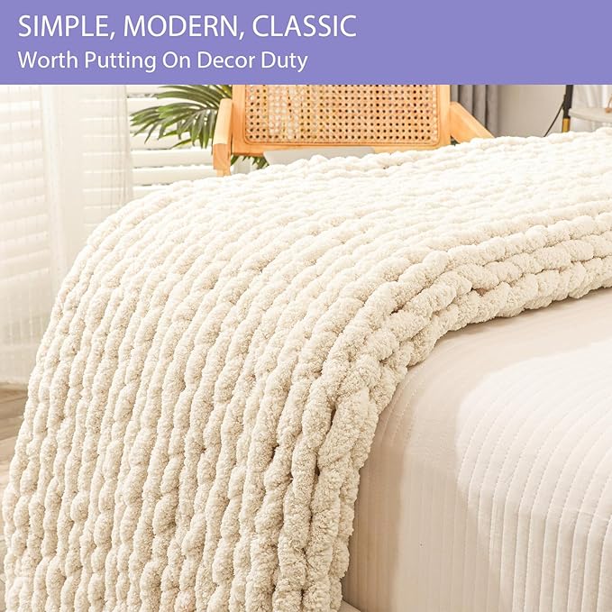 Bigacogo Chunky Knit Throw Blanket for Couch, 51x63 inches, 100% Hand Knitted with Thick Jumbo Chenille Yarn, Cozy Soft Large Rope Knot Cable Crochet Blankets for Sofa Bed Living Room, Beige