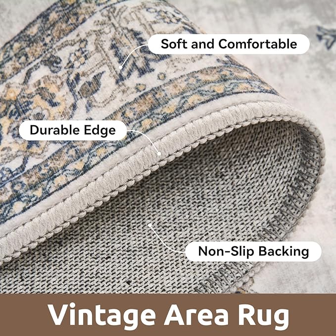 AMOAMI-Vintage Area Rug 3x5 Grey Rugs for Living Room-Soft Washable Rug Non Slip Entryway Rug Indoor Vintage Throw Accent for Bedroom Laundry Room Dining Bathroom Bedside