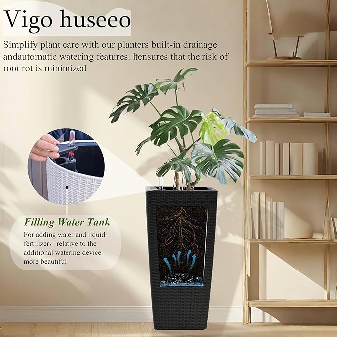 2Pcs 23in High Large Plant Pots Planter-Self-Watering,Modern Planter with Drain Holes,Water Level Monitor,Inner Bucket for Indoor/Outdoor Front Porch Patio,Black Rattan
