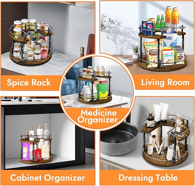 2-Tier Lazy Susan Organizer Turntable Spice Organization U-Shape 11.8" Rotating Spice Rack Height Adjustable for Cabinet, Pantry, Kitchen Countertop, Party