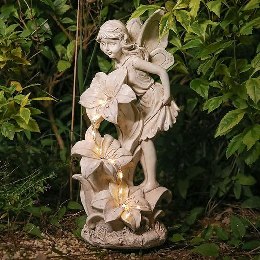 Angel Garden Statue Outdoor, Solar Powered Resin Garden Sculptures Fairy Angel Statues Waterproof LED Lights Yard Art Decorations for Outside Patio Lawn Ornament Gardening Gifts