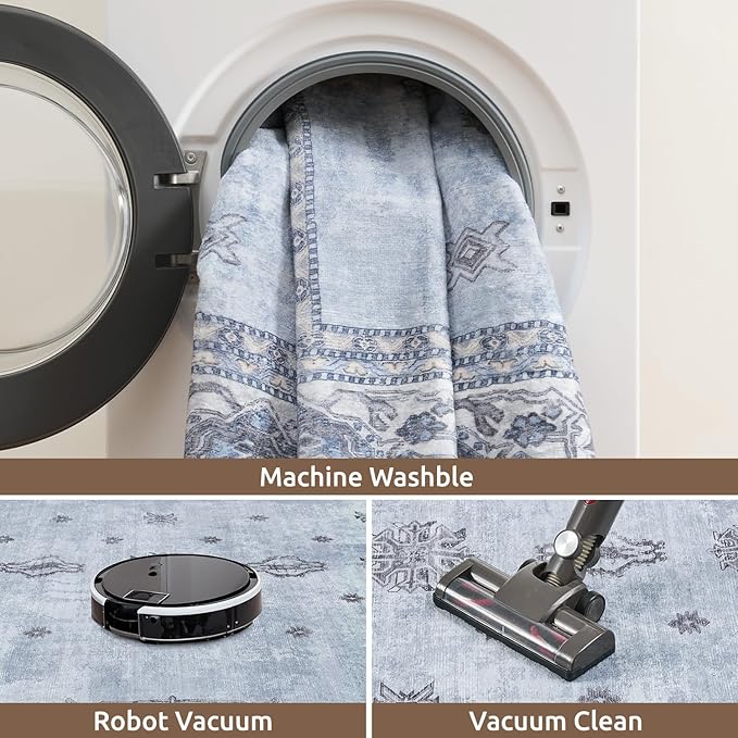 AMOAMI-Vintage Area Rug 5X7 Blue Rugs for Living Room-Soft Living Room Rug Non Slip Rugs for Bedroom Carpet Machine Washable Rug for Dining Room Bedside Office Room Decor