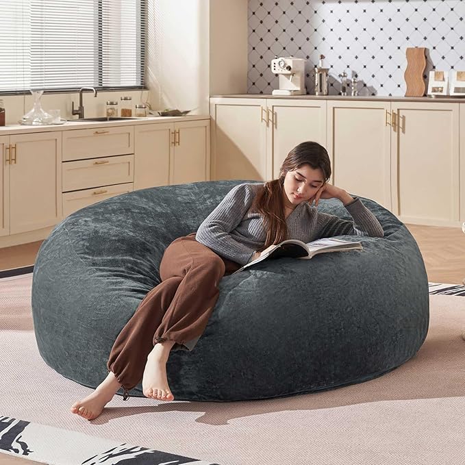 Bean Bag Chair 6Ft, Memory Foam Filled, Large Beanbag Chairs for Adults and Teens, Soft Sofa with Removable Flannel Cover, Round Couch for Living Room Bedroom College Dorm (Dark Gray, 6FT-67×67"×24")