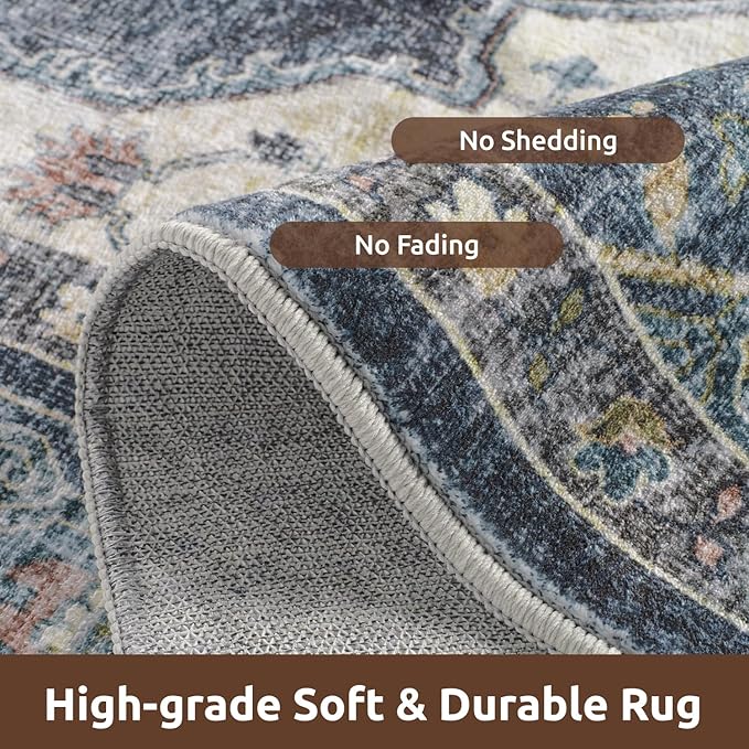 AMOAMI-Area Rug 9X12 Rugs for Living Room-Vintage Soft Blue Rugs for Bedroom-Non Slip Carpet-Washable Rug for Dining Room Living Room Bedroom Office Under Table