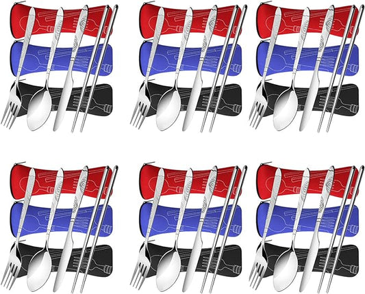 6 Pack Reusable Flatware Sets Knife, Fork, Spoon, Chopsticks, 24Pcs Portable Travel Stainless Steel Tableware Dinnerware with Carrying Case