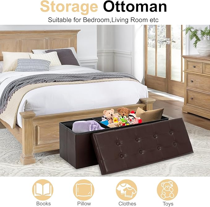43 Inches Folding Storage Ottoman Bench, PU Leather Storage Chest, Footrest Padded Seat for Bedroom and Hallway, Holds up to 660 lbs, Brown