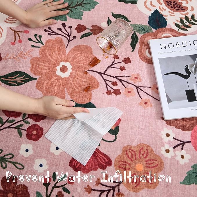 Area Rug 4x6 Rug Washable Boho Rugs Non Slip Low Pile Floral Small Carpet for Bedroom, Bedside, Kids Room, Office, Dining Room(Pink)