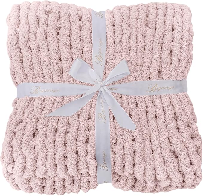 Bigacogo Chunky Knit Throw Blanket for Couch, 40x60 inches, 100% Hand Knitted with Thick Jumbo Chenille Yarn, Cozy Soft Large Rope Knot Cable Crochet Blankets for Sofa Bed Living Room, Rose Tan