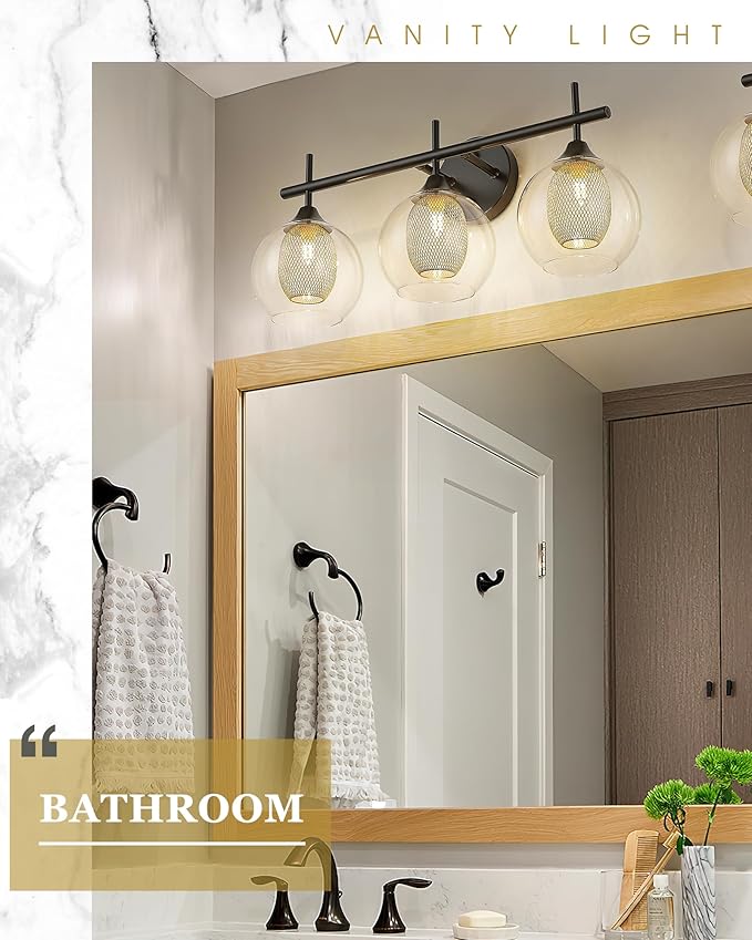 Bathroom Light Fixtures, 3-Light Black and Gold Vanity Lights Over Mirror, Farmhouse Wall Sconce Lighting with Clear Glass and Honeycomb Metal Shade, AD-22001-3W-BK