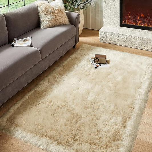AMTOVO Faux Fur Sheepskin Rug for Living Room, 4 x 6 ft Beige Fluffy Area Rug for Bedroom, Playroom, Luxury Room Decor, Rectangle