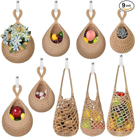 AARAINBOW Boho Wall Hanging Baskets for Kitchen Storage, Fruit Woven Wall Basket 9 Pcs, Hanging Vegetable and Onion Storage with 24 Hooks （Brown）
