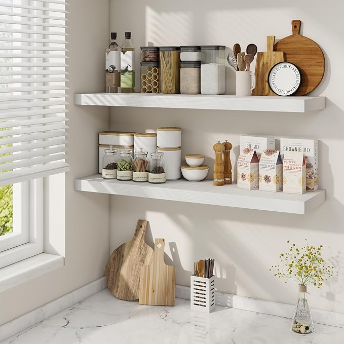 36 Inch Floating Shelves, 9.3 Inch Deep Rustic Wall Shelves - Extra Deeper Wall Mounted Storage Shelves for Bathroom, Kitchen, Living Room (White, Set of 2)