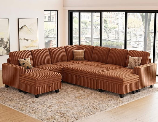 Belffin Oversized Sofa Bed Modular Sectional Sleeper Sofa with Pull Out Bed L Shaped Couch with Storage Chaise Brick Red Couch