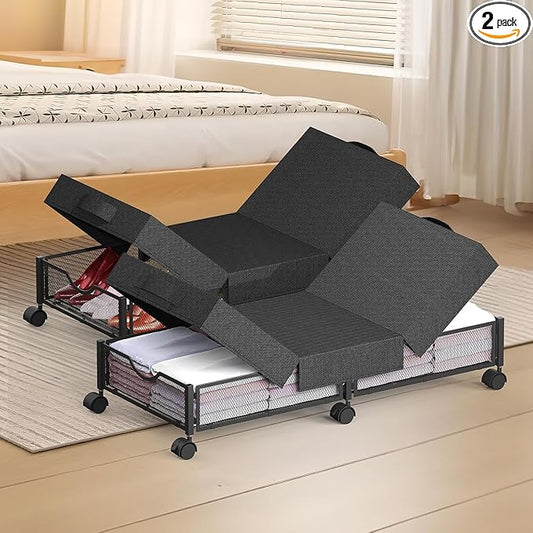 2 Pack Under Bed Storage with Wheels, 36" Lengthen Underbed Storage Containers with Lids, Large Capacity Under Bed Shoe Storage, Metal Clothes Organizer, Storage Box for Clothing Shoes Blankets Sheet