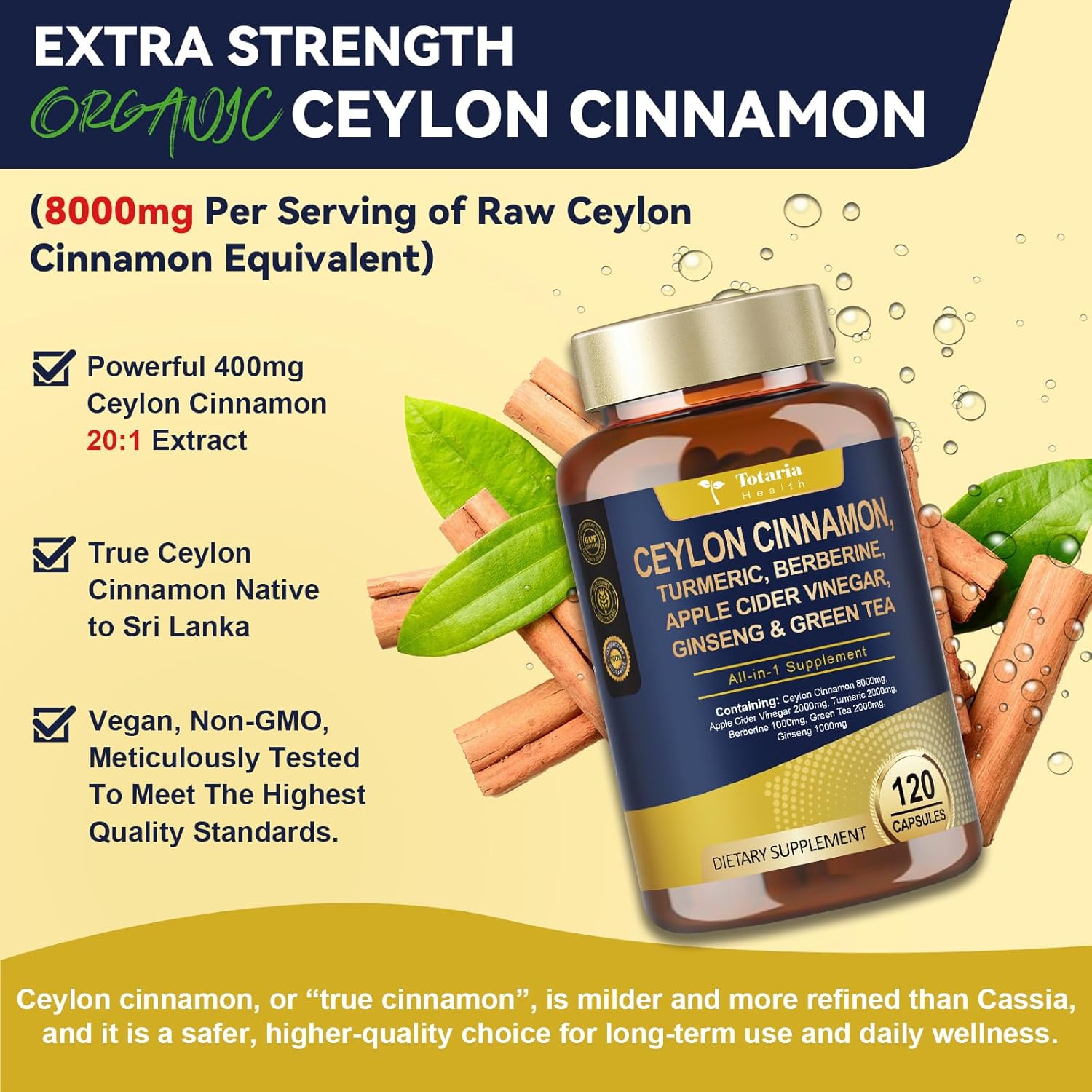 (2 Packs) 18-in-1 Organic Ceylon Cinnamon Capsules 20:1 Extract, Powerful Ceylon Cinnamon Berberine Supplement w/Apple Cider Vinegar Turmeric Bitter Melon, for Metabolism, Heart, Energy, Non-GMO