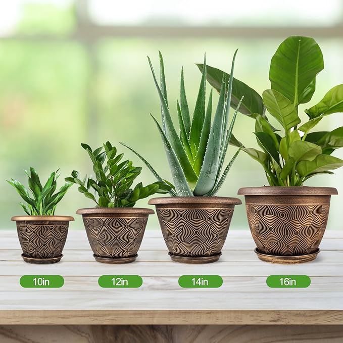 16 Inch Large Planter Pot for Plants Indoor Outdoor, 4 Pack Plastic Flower Pots with Drainage Hole & Tray, Modern Decorative Garden Pot with Saucer, Plant Container for House