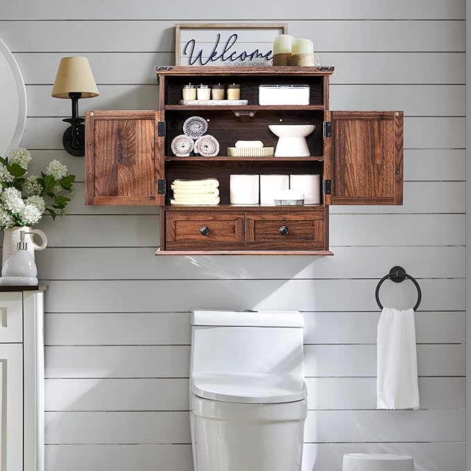 Bathroom Wall Cabinet, Farmhouse Medicine Cabinet, 24" Wide Cabinet with Drawer, Adjustable Shelf, Double Barn Doors, Storage Cabinet for Bathroom, Kitchen, Living Room, Brown