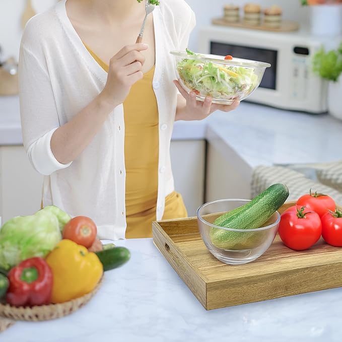 3 Pack Acacia Wood Serving Tray with Handles, Decorative Serving Trays Platter for Breakfast in Bed, Lunch, Dinner, Patio, Ottoman, Coffee Table, BBQ, Party, Great for Lap &Couch (Set of 3)