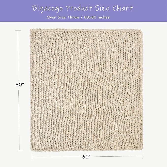 Bigacogo Chunky Knit Throw Blanket for Couch, 60x80 inches, 100% Hand Knitted with Thick Jumbo Chenille Yarn, Cozy Soft Large Rope Knot Cable Crochet Blankets for Sofa Bed Living Room, Beige