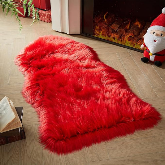 AMTOVO Faux Fur Rug, Red Area Rug, Fluffy Sheepskin Rug, Fuzzy Ultra Soft 2 x 4 ft Shag Rugs for Bedroom Sofa Throw Cushion Room Decor, Sheepskin